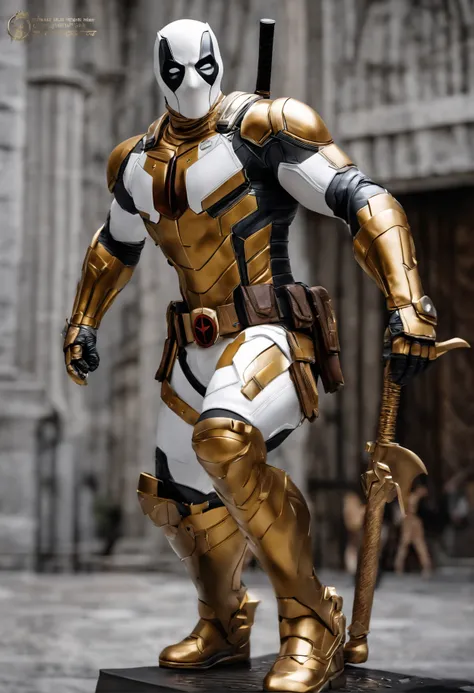 A deadpool, shiny white and gold armor, realistic and white background, details of the white and gold armor, the white and gold suit itself, accurate and realistic image details, steel and titanium armor.