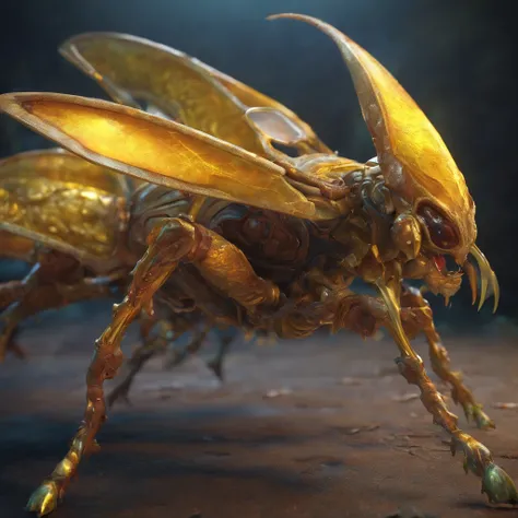 "(best quality,4k,8k,highres,masterpiece:1.2),ultra-detailed,(realistic,photorealistic,photo-realistic:1.37),close-up shot,alien creature,gotcha,yellow,fierce,extraterrestrial insect,mechanical space bug,insectoid,Chitinous,giant sharp fangs,Swarm-like,bio...