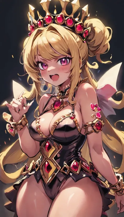 Bowsette, gros seins, clivage, Best quality, Portrait of a masterpiece, (beaux yeux: 1.2), shaded face, seulement, corps entier, gros cul, facing forward, Souriant, peau lisse, dark blonde, hair tied up, Couronne rose, couronne de champignon, Spiked bracel...