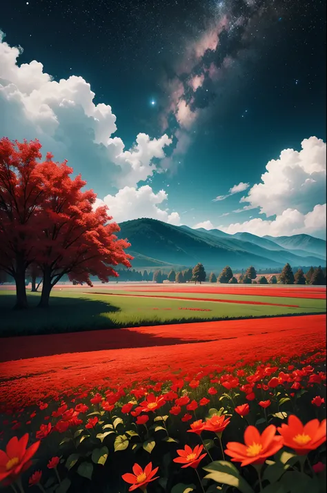 A bright night,sky filled with stars,red flowers field, landscape, ultra realistic 8k quality,