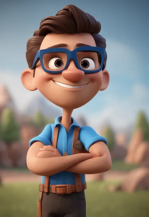 Cartoon character of a man with black glasses and a blue shirt, animation character, Caractere estilizado, animation style rendering, 3D estilizado, Arnold Maya render, 3 d render stylized, toon render keyshot, Personagem 3D, Personagem 3D, 3d rendering st...