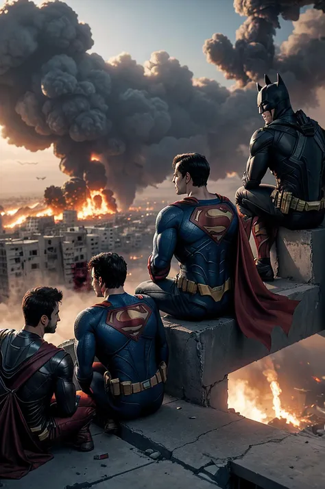 Batman, Superman and Iron Man sit on a destroyed building in Gaza City, men sitting with their backs to the camera, all people with their backs to the camera, looking at the smoke and fire from the aerial bombardment of the city, 16k, above Realistic, city...