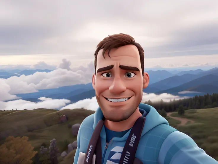 Homem adulto, com roupa de escalada de montanha e montanhas e nuvens ao fundo, estilo Disney