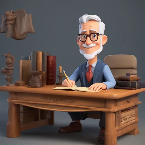 Crie um cartaz inspirado na Disney Pixar com o personagem sendo o pastor Rubens Janier, A gray-haired man wearing glasses, in an office with a Bible on the tables menina