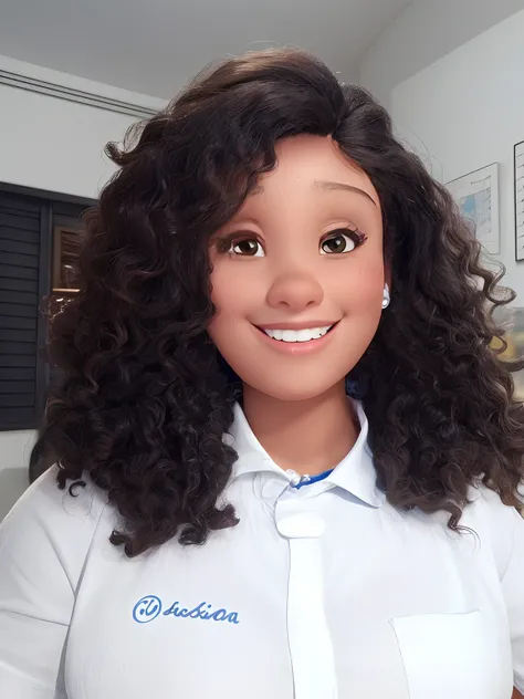 Mulher morena, inspirada na Disney Pixar, cabelos cacheados, feliz e sorridente, usando uma camisa social branca.