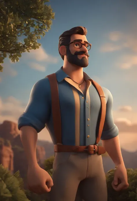 personagem dos desenhos animados de um homem com barba, cabelos curtos e uma camisa azul, levemente gordinho, sobrancelha mais grossa, rosto mais nervoso, com cartaz ao fundo escrito GUSTA, animation character, Caractere estilizado, animation style renderi...