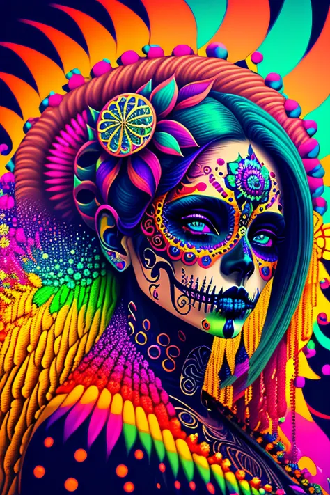 in a psychedelic style a representation of the Day of the Dead on a female face, magnificent and detailed. Lots of texture and an spiral explosion of multiple colored powder in the background