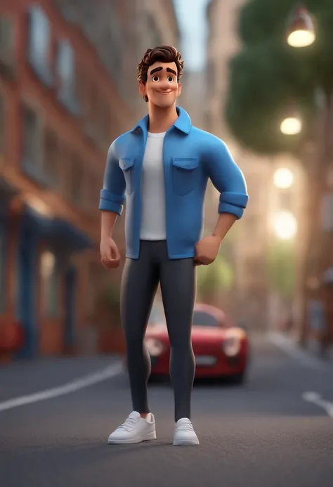 Cartoon character of a light-skinned man, short and curly hair, wearing a blue jacket, white shirt, black pant, white sneakers, paisagem arborizada, com carros, um personagem animado, Caractere estilizado, animation style rendering, 3D estilizado, Arnold M...