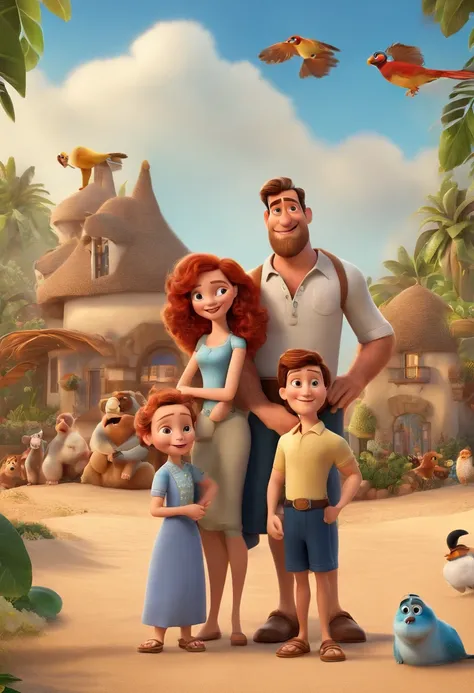 a Disney Pixar movie poster showing a white-skinned family. The father is the tallest, Tem barba curta, moreno, cabelos curtos. The mother has brown eyes and red hair, shoulder-length and is slightly overweight.  The background is a beach garden. 3D-render...