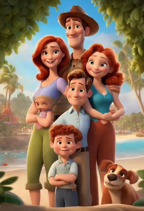 a Disney Pixar movie poster showing a white-skinned family. The father is the tallest, Tem barba curta, moreno, cabelos curtos. The mother has brown eyes and red hair, shoulder-length and is slightly overweight.  The background is a beach garden. 3D-render...