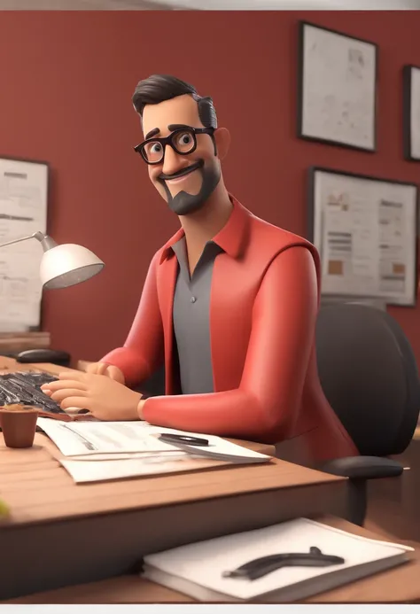 Cartoon character of a man with black glasses and a low beard with a red shirt working in his advertising office, animation character, Caractere estilizado, animation style rendering, 3D estilizado, Arnold Maya render, 3 d render stylized, toon render keys...