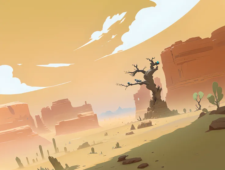 Desert cartoon scene with dead trees and birds,Bows and arrows are trapped in the care of animals，Crows fly in the sky， desert wasteland, arte de fundo, Desert environment, painted as a game concept art, background artwork, Stylized concept art, Stylized d...