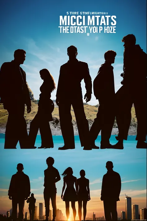 Silhouettes of five armed humans trying to stand up to a huge mechanical beast that can be seen silhouetted in the distance.
The difference in size is so large that you can tell the difference in size,
((movie poster, movie poster logo and text)),