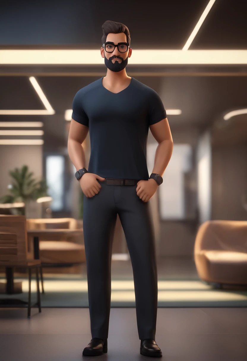 Cartoon character of a young man with black glasses and a beard and low hair with a black t-shirt standing doing a pose and in the background his advertising office, animation character, Caractere estilizado, animation style rendering, 3D estilizado, Arnol...