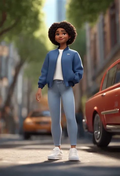 Cartoon character of a light-skinned teen, black and short and curly hair, thin, wearing a blue jacket, white shirt, black pant, white sneakers, paisagem arborizada, com carros, um personagem animado, Caractere estilizado, animation style rendering, 3D est...