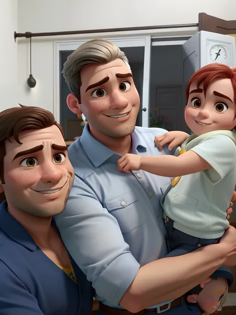 Casal (homem moreno, mulher moraena e filho moreno) no estilo Disney Pixar, alta qualidade, melhor qualidade.