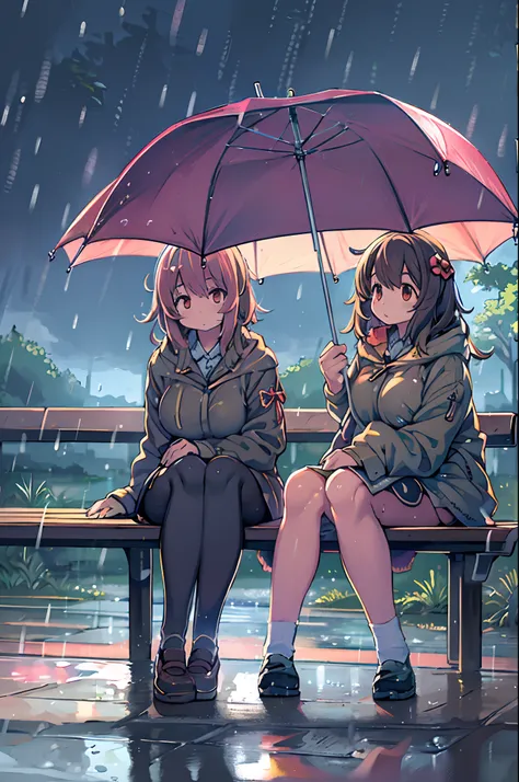 Two girls,under the rain、Anime characters sitting on a bench under an umbrella, Sateen!, Sateen!!, Kantai Collection Style, Sateen!!!, after rain and no girl, kawacy, anime style 4 k, In the rain, Its raining outside, anime moe art style, under rain, Cute ...