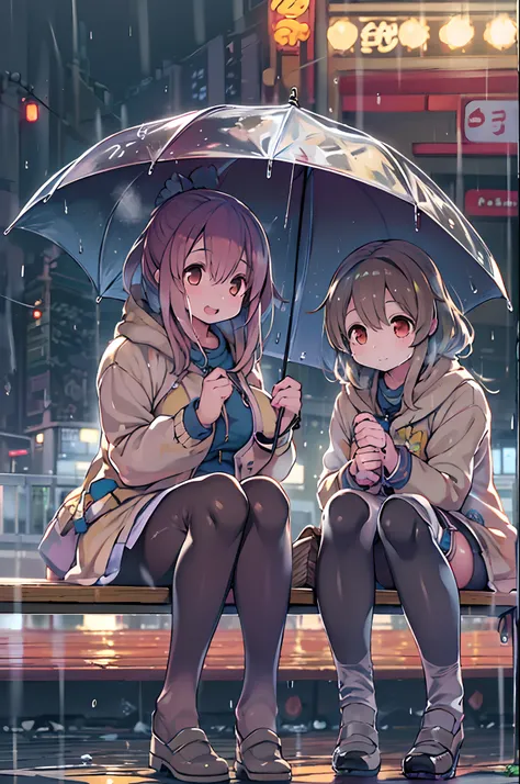 Two girls,under the rain、Anime characters sitting on a bench under an umbrella, Sateen!, Sateen!!, Kantai Collection Style, Sateen!!!, after rain and no girl, kawacy, anime style 4 k, In the rain, Its raining outside, anime moe art style, under rain, Cute ...