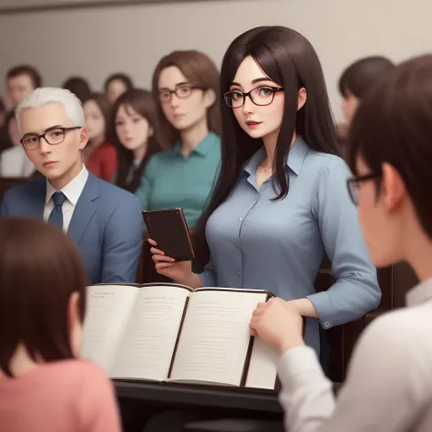 Longhaire　A dark-haired　lecture　Female in her 30s　Know　eye glasses