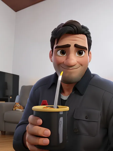 Poster no estilo Disney pixar, alta qualidade, melhor qualidade, homem moreno, 30 anos cabelo preto, usando casaco preto, Holding the mate, sitting on the couch in the living room.