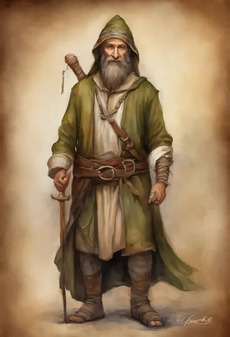 Detalhamento de caracteres, Man, hobbit, only one, without shoes, bare feet, short hair, corte de cabelo pixie, pelos nas pernas, cabo, hood on head, curly hair, pele clara, medieval, aventureiro, fantasia, cabelo de chocolate, capa verde escura, olhos cas...