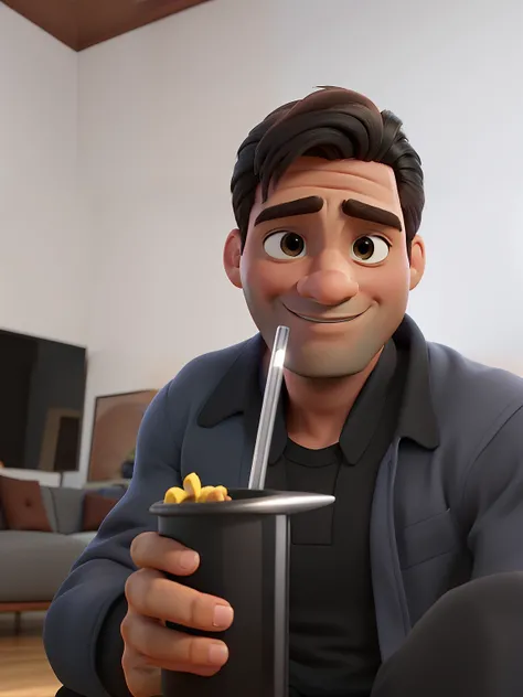 Poster no estilo Disney pixar, alta qualidade, melhor qualidade, homem moreno, 30 anos cabelo preto, usando casaco preto, Holding the mate, sitting on the couch in the living room.