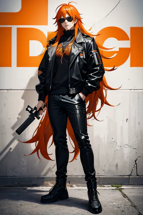 (masterpiece) large, strong male, very long hair, messy orange hair, white turtleneck sweater, orange tinted sunglasses, grumpy expression, black leather jacket, full body, thug, gang member, holding a baseball bat, tough, cyberpunk, streetpunk, man, perfe...