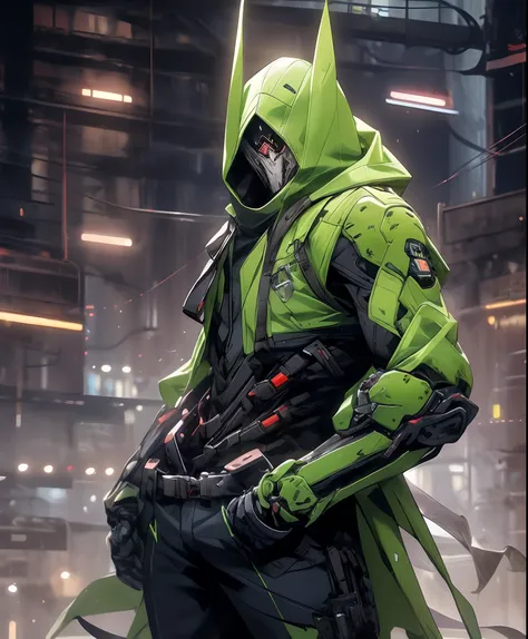 a man in a green jacket and black pants standing in a dark room, wearing cultist green robe, green attire, character from mortal kombat, as a character in tekken, fighting game character, cyberpunk assassin, green hooded mage, cyberpunk outfits, green clot...