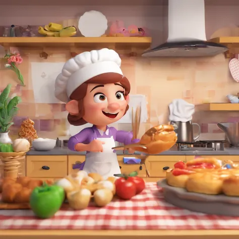 Crie uma cena de desenho animado  estilo 3d -Pixar, Onde uma mulher, de cabelos lisos castanhos com 35 anos de idade, Shes cooking dressed as a pastry chef.