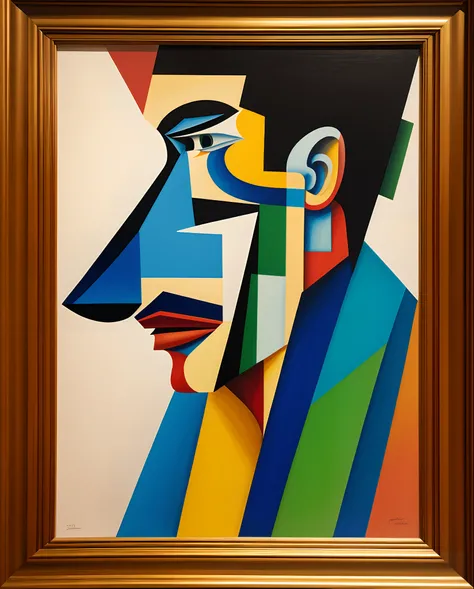 Framed Cubism Painting of a Man in Profile, inspired by Pablo Picasso