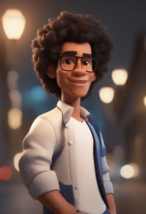 Cartoon character of a light-skinned young man, white, hair black and short and curly, thin, wearing a blue jacket, white shirt, black pant, white sneakers, paisagem arborizada, com carros, um personagem animado, Caractere estilizado, animation style rende...