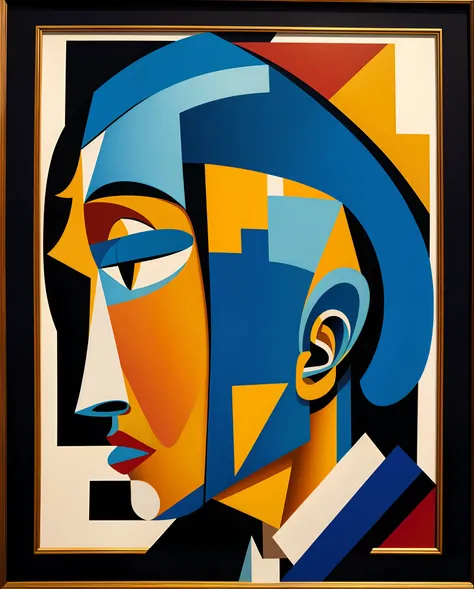 Framed Cubism Painting of a Man in Profile, inspired by Pablo Picasso