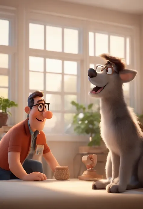 Pixar 3D inspirado na Disney capturando uma cena com um homem com seus 35 anos mulato completamente careca e sem barba, with manly biotype, Wearing an aviator-style prescription glasses, passeando na rua com seu lobo adulto de pelo todo branco e olhos azui...