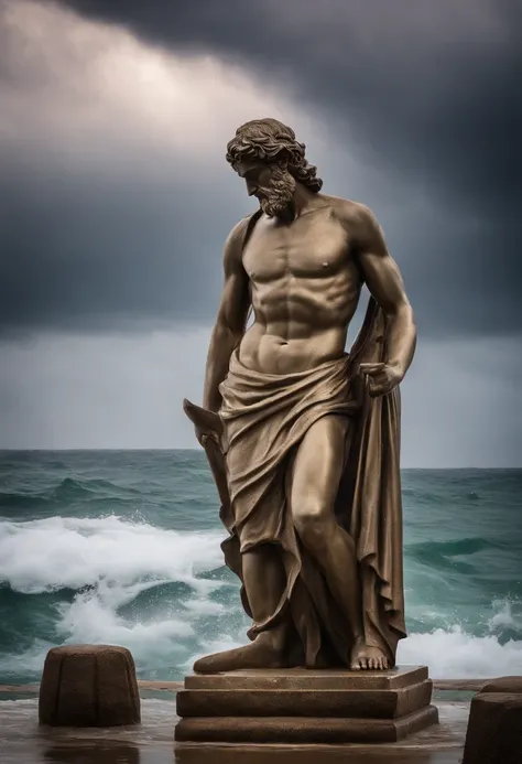 Greek Stoic Man Statue with a Strong and Robust Body, similar to the ancient statue of Zeus, Wet with water on the body, olhos brancos e prateados, fundo da paisagem do mar, Sea water splashing on the statue looking like its wet, efeito chuva, Lightning bo...