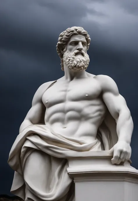 Greek Stoic Man Statue with a Strong and Robust Body, similar to the ancient statue of Zeus, Wet with water on the body, olhos brancos e prateados, fundo da paisagem do mar, Sea water splashing on the statue looking like its wet, efeito chuva, Lightning bo...