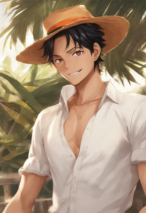 Luffy, Chapeau de paille, 1boy, Accent mis sur les hommes, seulement, a, cheveux noirs, sourire, Regarder le spectateur, chemise, sourire, cicatrice, Eau, yeux orange, sale, open clothes, clavicule, chemise blanche, Cheveux courts