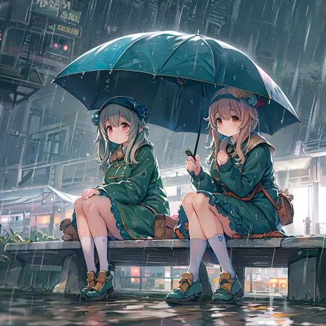 Two girls,under the rain、Anime character sitting on a bench under an umbrella, Sateen!, Sateen!!, Kantai Collection Style, Sateen!!!, after rain and no girl, kawacy, anime style 4 k, In the rain, Its raining outside, anime moe art style, under rain, Cute a...