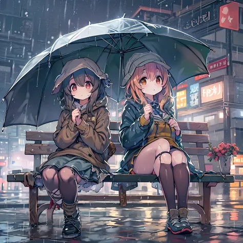 Two girls,under the rain、Anime character sitting on a bench under an umbrella, Sateen!, Sateen!!, Kantai Collection Style, Sateen!!!, after rain and no girl, kawacy, anime style 4 k, In the rain, Its raining outside, anime moe art style, under rain, Cute a...