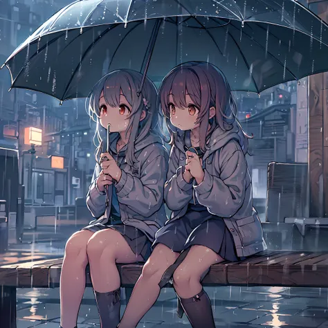 Two girls,under the rain、Anime character sitting on a bench under an umbrella, Sateen!, Sateen!!, Kantai Collection Style, Sateen!!!, after rain and no girl, kawacy, anime style 4 k, In the rain, Its raining outside, anime moe art style, under rain, Cute a...