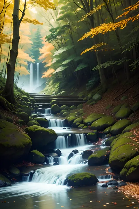 (best quality,4k,8k,highres,masterpiece:1.2),ultra-detailed,(realistic,photorealistic,photo-realistic:1.37),beautiful autumn forest,serene waterfall,mossgrown,twisting stairway,sunlight filtering through autumn leaves,viewed from the riverbank,subtle blue ...