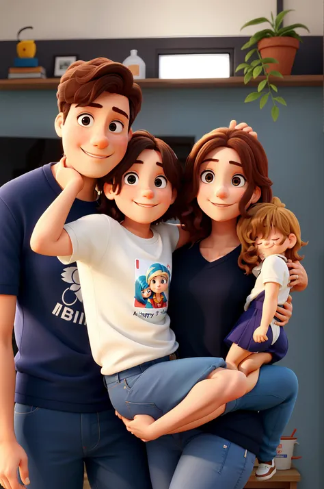 Three people, um homem, uma mulher e uma menina com cabelo comprido, no colo da mulher, Like a happy family posing for a photograph, contra um fundo desfocado.