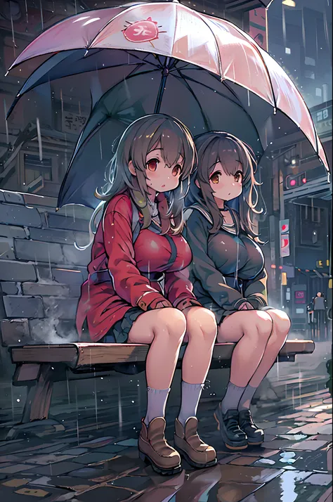 Two girls,under the rain、Anime characters sitting on a bench under an umbrella, Sateen!, Sateen!!, Kantai Collection Style, Sateen!!!, after rain and no girl, kawacy, anime style 4 k, In the rain, Its raining outside, anime moe art style, under rain, Cute ...