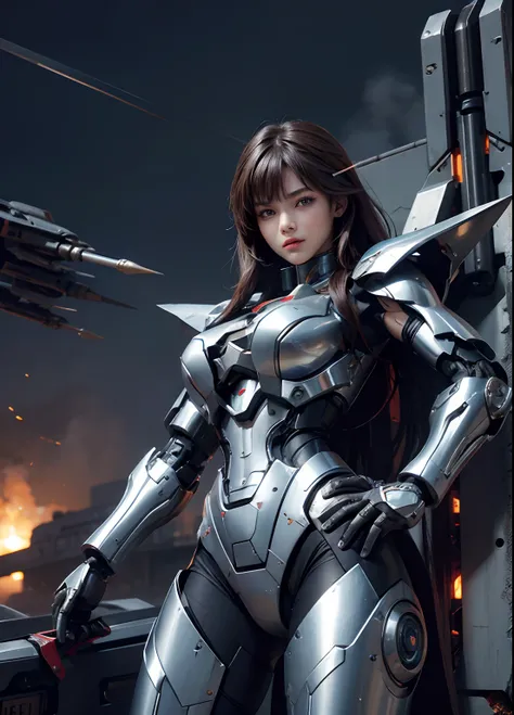 Textured skin, Super Detail, high details, High quality, Best Quality, hight resolution, 1080p, hard disk, Beautiful,(cyborgs),(Missiles from the chest),(Machine gun from both hands),beautiful cyborg woman,Mecha Cyborg Girl,Battle Mode,Girl with a Mecha Bo...