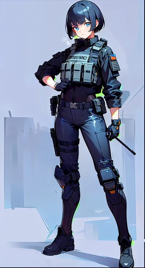 A girl, Military Special Forces, Black Short Haircut, Glow Blue Eyes, black leather jacket, Bulletproof vest over jacket, Special Forces Military Pants, tucked into boots, stand-up collar, Futuristic, Knee pads, in full height, the pose: standing, Concept ...