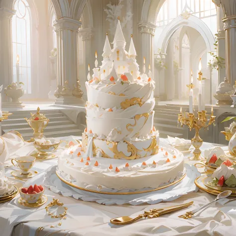 The birthday cake，cream，the detail，White gauze arches，luxurious palace，first person perspective，one-girl，Single horsetail，Cake knives，Luxurious sets