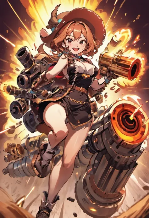 Cow girl、a smile、Shoot a large Gatling gun at the front