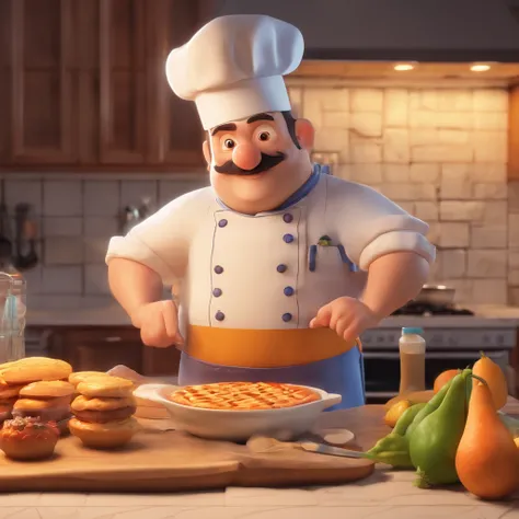 Crie uma cena de desenho animado  estilo 3d -Pixar, Onde um homem, de cabelos lisos castanhos com 40 anos de idade, Shes cooking dressed as a pastry chef.