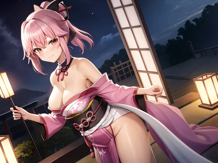 masterpiece, best quality,extremely detailed CG unity 8k wallpaper, (landscape orientation)
 BREAK 
1girl,okita souji (fate), holding a samurai sword, standing, light pink  haori,blush,smile, cleavage, (hourglass figure), (perfect slender body), full body,...