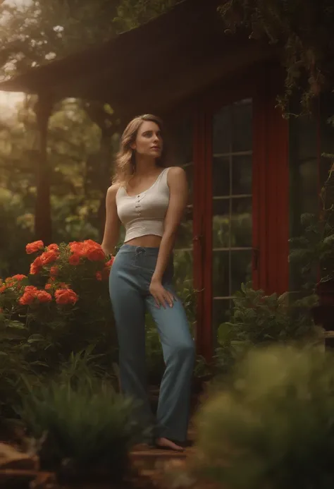 4k, Realistic, carismatic, Muito Detalhe, there is a girl in the garden house, vestindo mulher coelho , tema suave, Pants, 25 anos, corpo inteiro