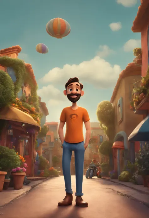 um homem, em breve, barba curta, olhos castanhos, com fones de ouvido, A music studio in the background, Imagem no estilo Pixar, Estilo de filme animado 3D, Disney, camiseta preta